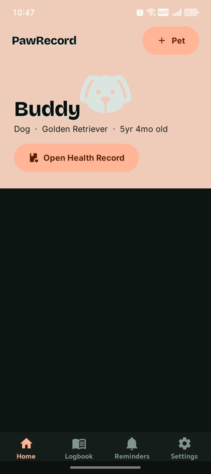 PawRecord home screen showing Buddy's pet profile