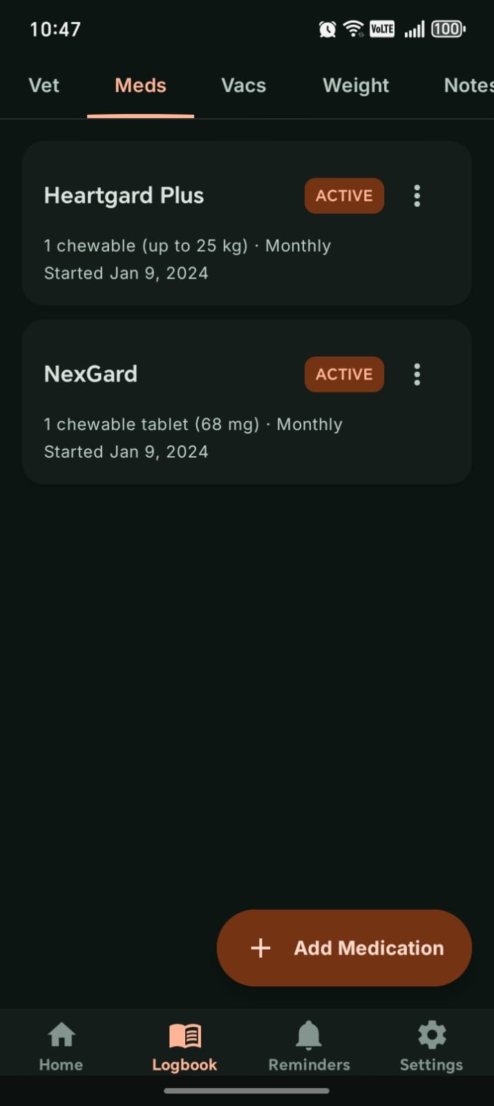 PawRecord medications screen showing medication records