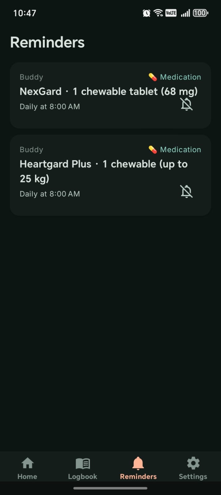 PawRecord reminders screen showing medication reminders