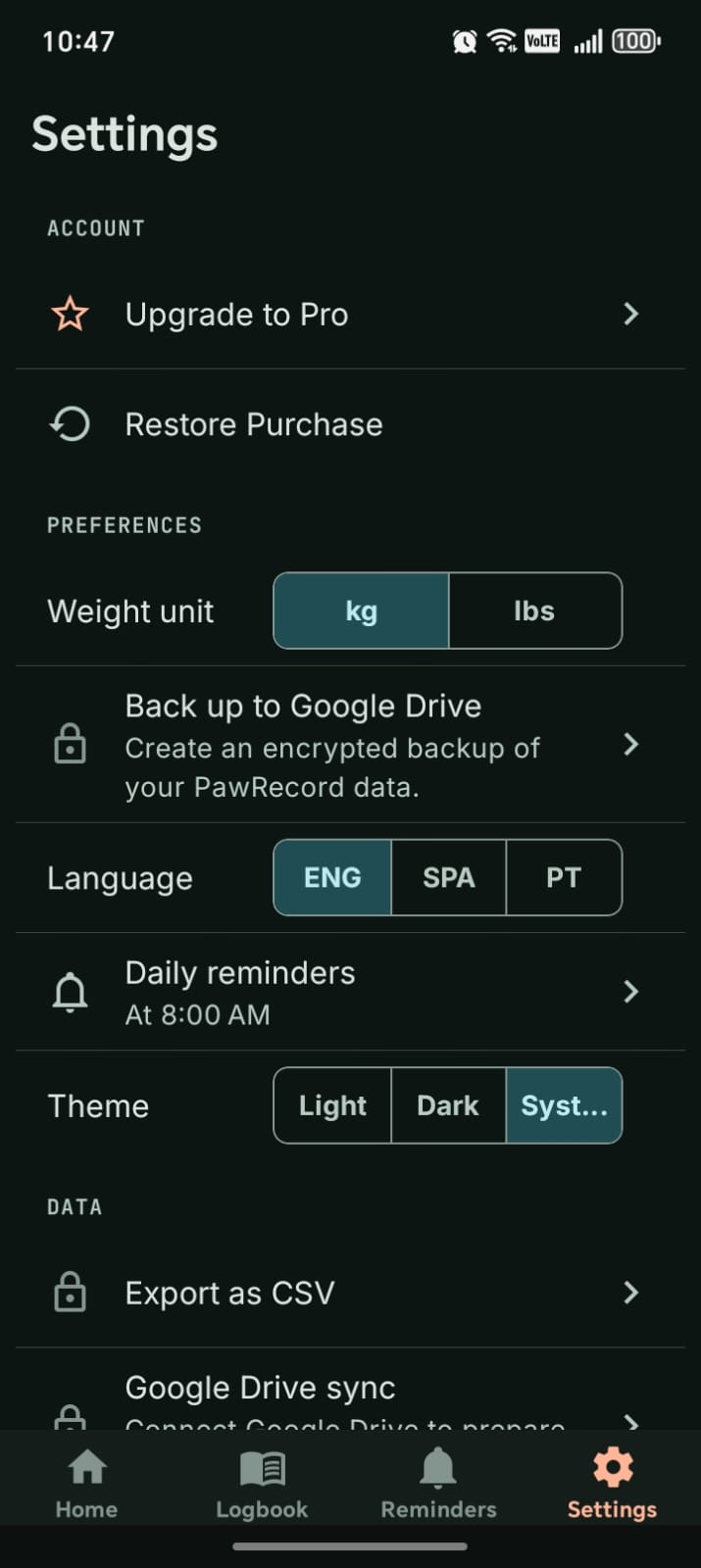 PawRecord settings screen showing app preferences