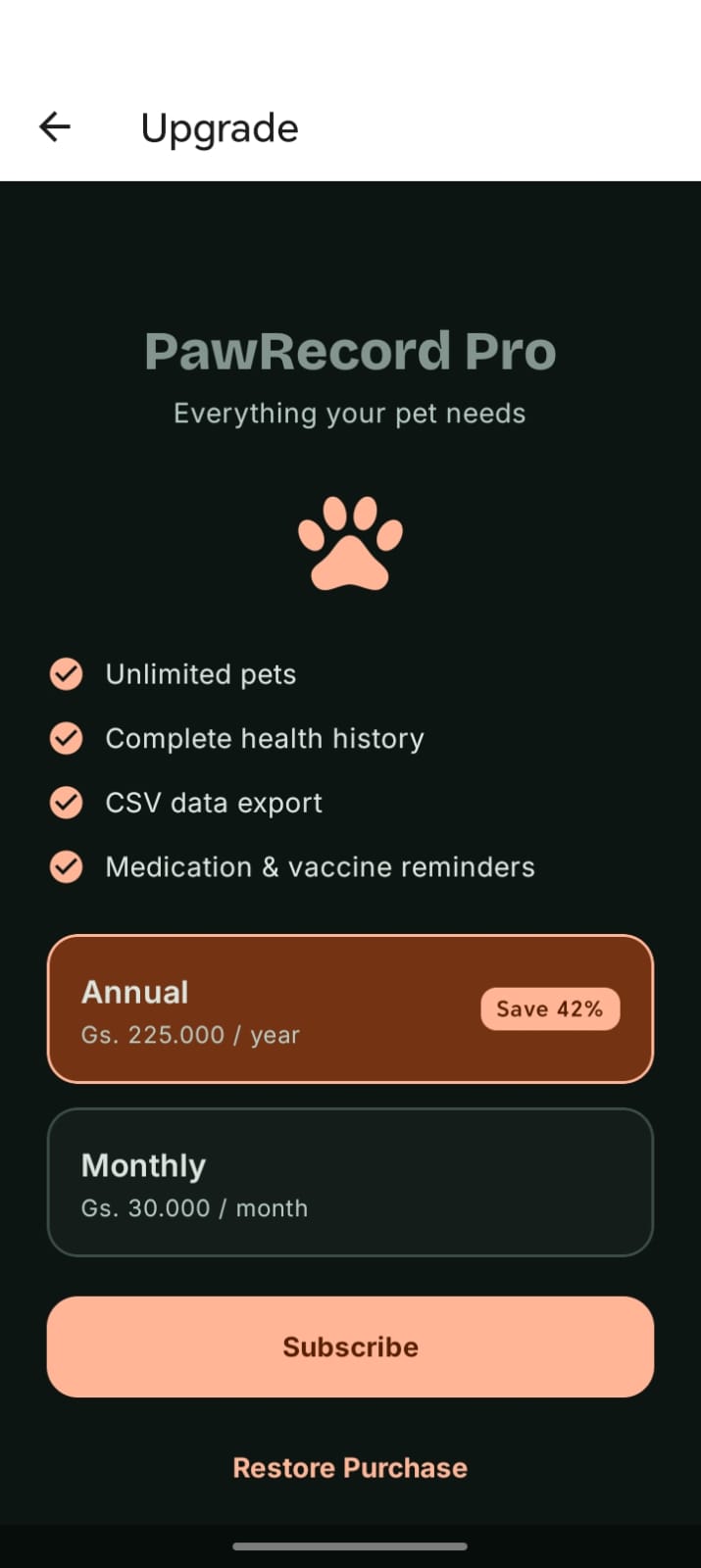 PawRecord Pro upgrade screen showing subscription options