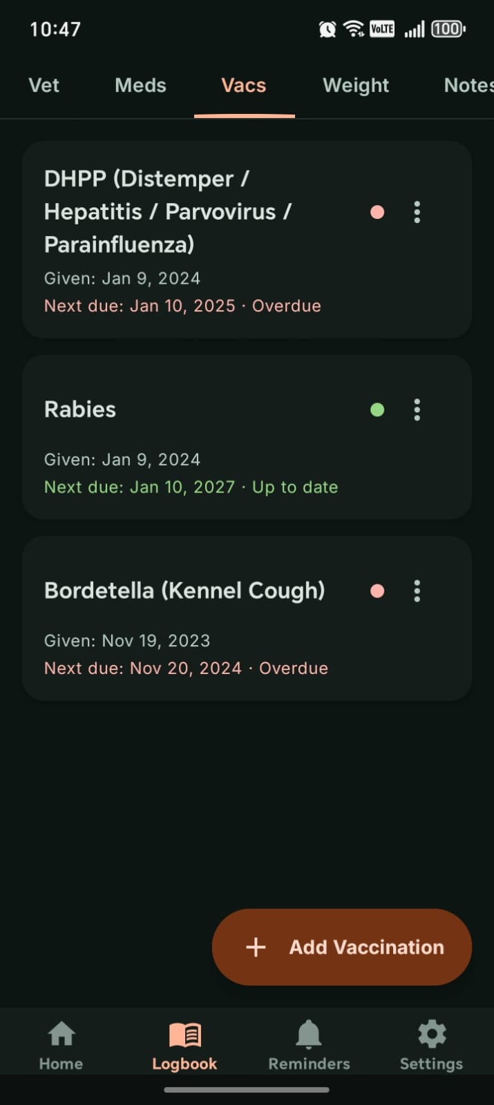 PawRecord vaccinations screen showing vaccination records