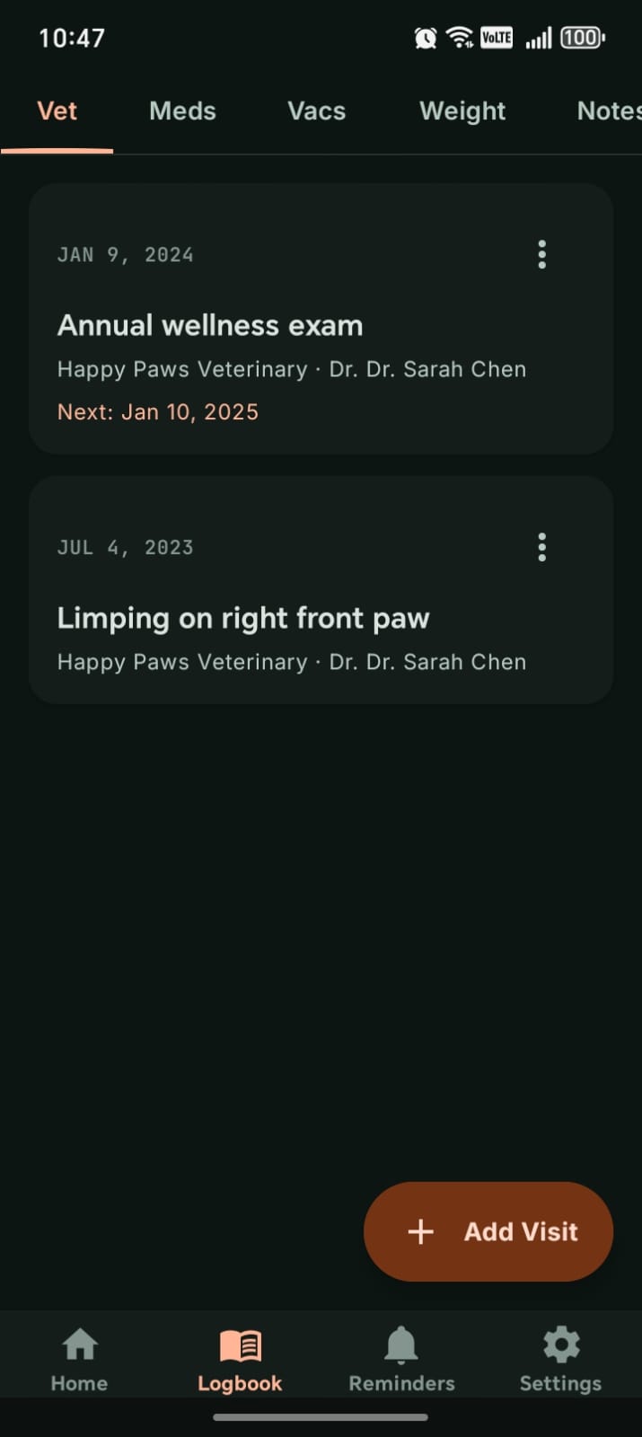 PawRecord veterinary visits screen showing visit records